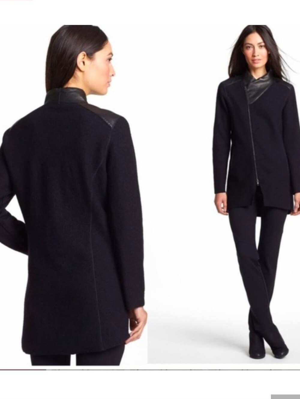 Eileen Fisher L Leather Trim Boiled Wool Jacket Size Large Petite.